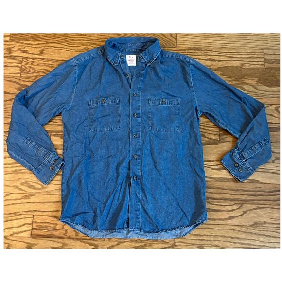Open Trails Denim Button Down Shirt Medium Blue 100% Cotton Casual Workwear - Picture 1 of 7
